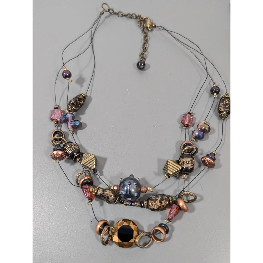 Multi Strand Beaded‎ Necklace Glass Acrylic Mixed Media Eclectic Artsy 22